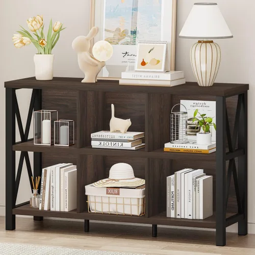 FATORRI Organizador de almacenamiento de 6 cubos con estante, estantería horizontal corta para sala de estar, estantería de madera y metal, estante