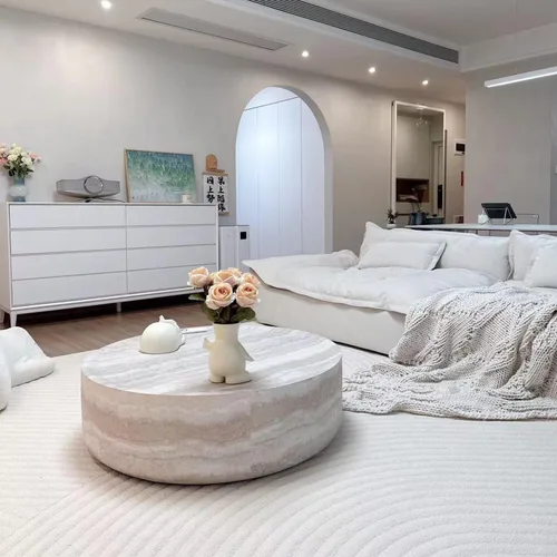 Miniatura 6 de JUSTONE Mesa de Centro Redonda para Sala de Estar, Mesa de Acento Moderna de 31.5 Pulgadas con Acabado de Piedra Artificial Beige Desgastado, Mesa