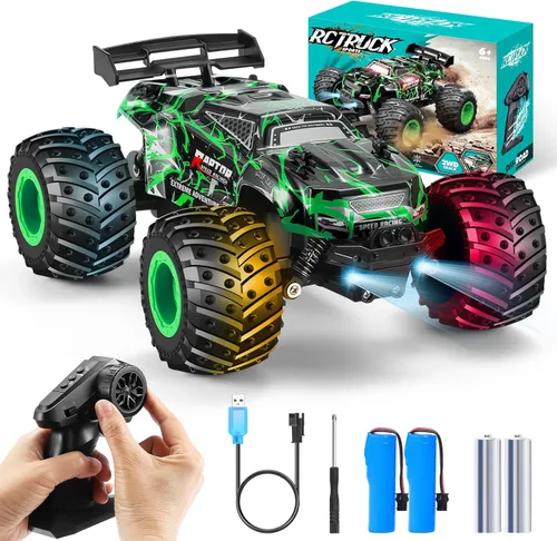 Miniatura 10 de Coche de Control Remoto, Coches RC a Escala 1:18, Camión RC Todo Terreno con Luz LED, 20KM/H, Recargable, 2WD, 2.4GHz, Carcasa de PVC Resistente