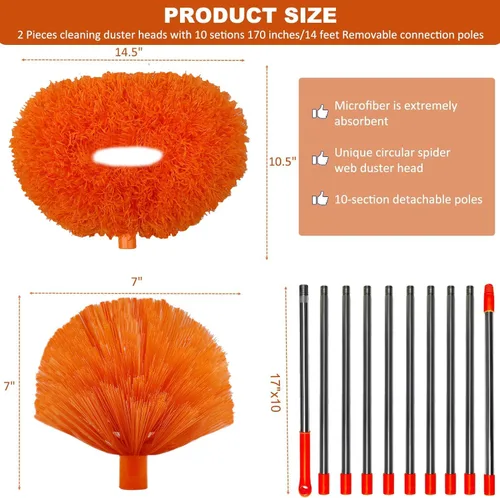 Miniatura 2 de Kit de polvo de alto alcance de 20 pies, plumero de telaraña y ventilador de techo con poste de extensión de 3 a 14 pies para limpieza, limpiador