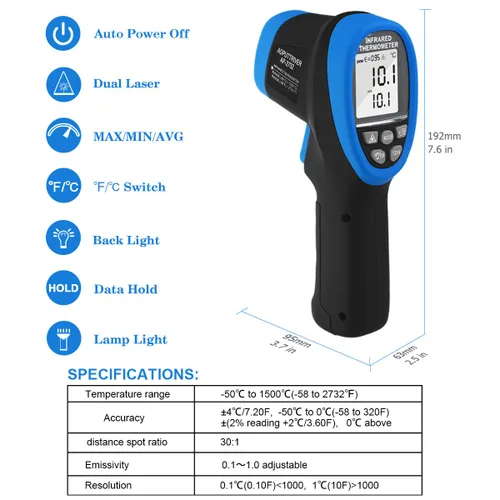 Miniatura 3 de Termómetro infrarrojo de alta temperatura -58℉~2732℉ Pirómetro industrial 30:1 medidor de temperatura IR digital, pistola de alta temperatura sin