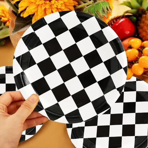 Miniatura 5 de 40 piezas de suministros para fiesta de cumpleaños de autos de carreras, suministros de fiesta a cuadros en blanco y negro, plato de papel a cuadros