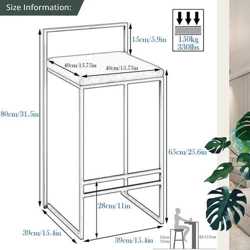 Miniatura 3 de Juego de 2 taburetes de bar de diseño industrial con estructura y respaldo de acero negro, altura ajustable, para cocina y comedor, elegantes sillas