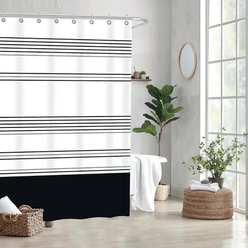 Miniatura 3 de ORTIGIA Cortina de ducha a rayas negras, cortina de baño de tela de poliéster impermeable de 72 x 72 pulgadas, con forro de PEVA y 12 ganchos