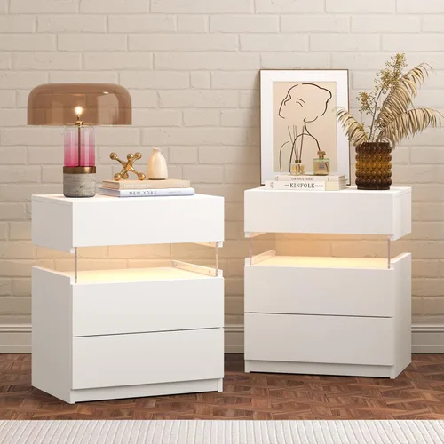 Miniatura 23 de Bingoday Moderna mesita de noche LED con 3 cajones, mesita de noche con luces LED ajustables, mesa auxiliar de almacenamiento grande para Blanco