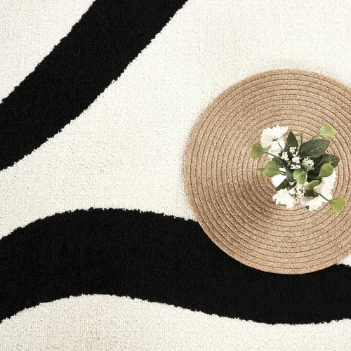 Miniatura 8 de Abani Alfombra abstracta de color beige/negro, 4 x 6 pies, diseño moderno de línea curva, colección Deco, fácil de limpiar, duradera para zonas