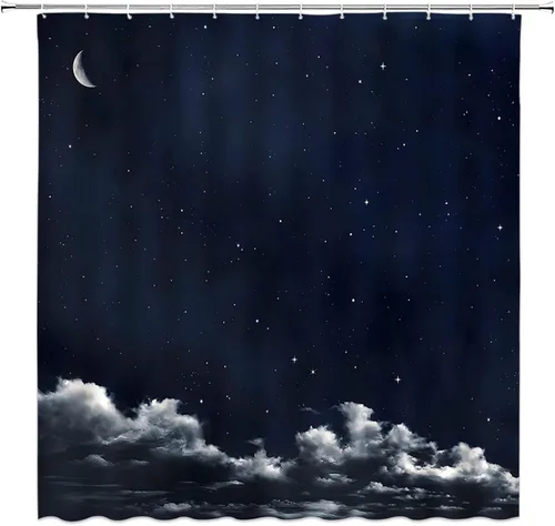 Miniatura 11 de AMFD Cortina de ducha con luna increíble, hermosa fantasía, cielo estrellado, luna brillante, azul, azul marino, negro, cortinas de baño, decoración