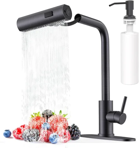 Miniatura 15 de AVSIILE Grifos de cocina en cascada de color negro mate con rociador desplegable y dispensador de jabón, un solo orificio y mango, grifo extraíble