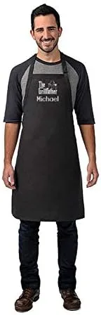 Miniatura 3 de HE APRONPLACE Delantal personalizado para adultos, para papá, hombres y mujeres, diseño bordado de Grillfather personalizable con 2 bolsillos, Negro