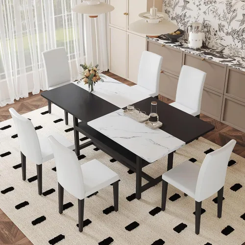 Miniatura 29 de Juego de mesa de comedor de 71 pulgadas para 6 personas con estante de almacenamiento, juego de mesa de comedor rectangular industrial moderna