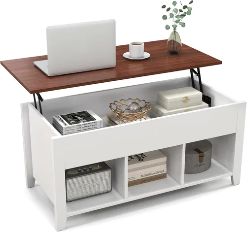 Miniatura 10 de Giantex Mesa auxiliar elevable, mesa rectangular de madera con compartimento oculto y estantes de almacenamiento abiertos, mesa central moderna