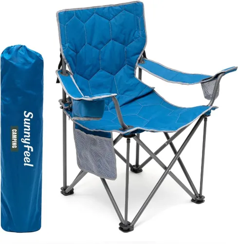SUNNYFEEL Silla de Camping Plegable de Gran Tamaño 500 LBS Resistente, Sillas de Jardín con Azul Portátil Plegable con Reposabrazos, Portavasos,