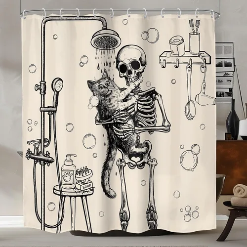 Miniatura 16 de Cortina de ducha con diseño de calavera de neón de 60 pulgadas de ancho x 72 pulgadas de alto, esqueleto gótico, espeluznante, único hueso fresco
