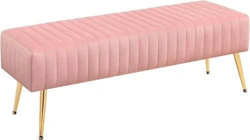 Miniatura 10 de Furniliving Banco de 44 Pulgadas para Dormitorio, Bancos Otomanos Tapizados con Tela Rayada y Tufting con Patas de Metal en Forma de X para Sala