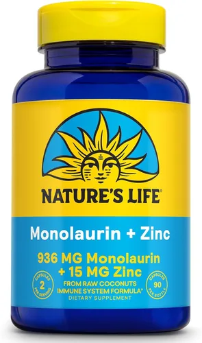 Nature's Life Monolaurin Plus Zinc Suplemento de apoyo inmunológico – 936 mg de monolaurina de coco crudo, zinc 15 mg, apoya la salud intestinal,