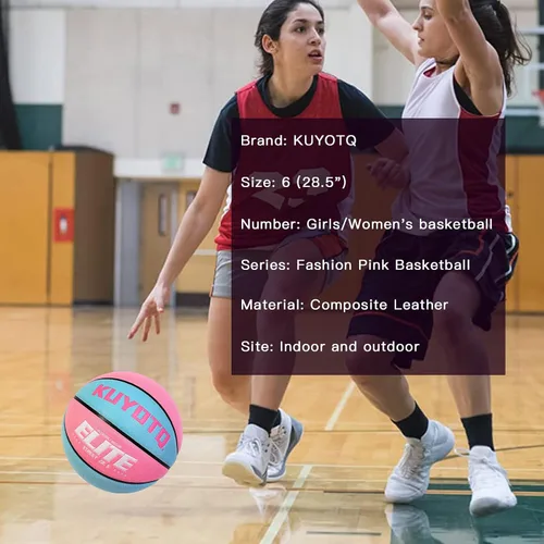 Miniatura 4 de KUYOTQ Balón de baloncesto Elite para niñas y mujeres, talla 6 (28.5 pulgadas), con bomba, de cuero compuesto de alta calidad, juego