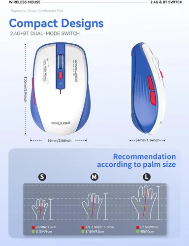 Miniatura 3 de Ratón inalámbrico azul blanco, Bluetooth de doble modo y 2.4G, botones laterales Receptores USB-A y USB-C Clic silencioso DPI de 4 niveles