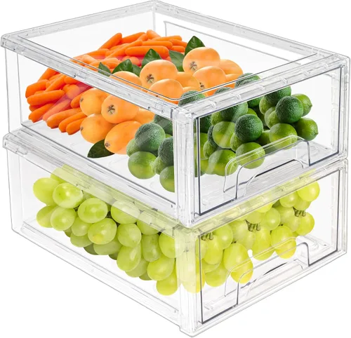 Miniatura 9 de Paquete de 2 cajones apilables para refrigerador, contenedores extraíbles transparentes, organizador de cajón para refrigerador, contenedores