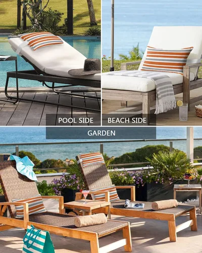 Miniatura 6 de T&H XHome Almohada de exterior para tumbona, diseño geométrico simple de rayas, impermeable, almohada lumbar con correa elástica ajustable