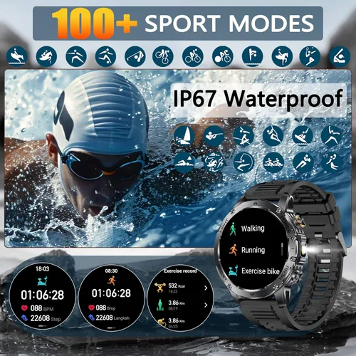 Miniatura 4 de KPEP Military Smart Watches for Men with 2 Straps, 1000mAh Battery/LED Flashlight/IP67 Waterproof Smartwatch, Stress/Blood Oxygen/Heart Rate/Sleep