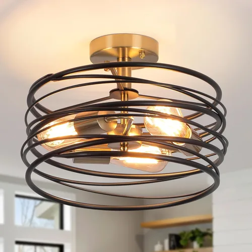 Miniatura 10 de Lámpara de techo de 3 luces rústica en forma de tambor, lámpara colgante semiempotrada negra, candelabros de granja retro de metal tipo jaula