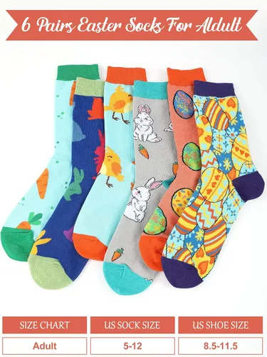 Miniatura 5 de Jenaai 6 pares de calcetines de Pascua para adultos, calcetines estampados novedosos con diseño de conejo, zanahoria, huevo, pollito para regalo