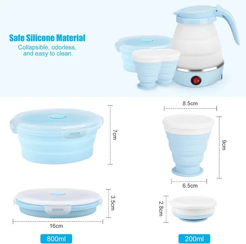 Miniatura 3 de Hervidor Eléctrico Plegable de Viaje, Hervidor Portátil para Agua Caliente Rápida para Té y Café, con 1 Tazón Plegable y 2 Tazas, Silicona de Grado