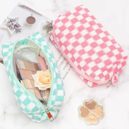 Miniatura 2 de PAZIMIIK Bolsa de Maquillaje a Cuadros para Bolso Portátil con Cremallera, Estuche Pequeño de Cosméticos para Accesorios de Viaje, Azul Ártico