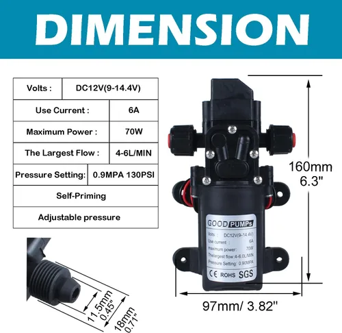 Miniatura 2 de Bomba de presión de agua Pulverizador Bomba autocebante 12v DC 70W 0.9MPA 130psi Home Booster conectado a 11.5mm/0.45inch 17.3mm/0.68inch Pipe