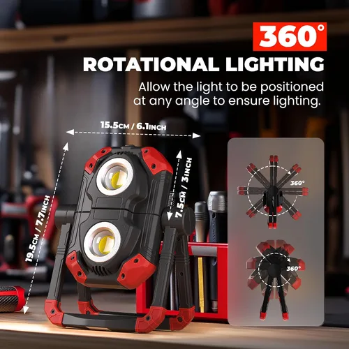 Miniatura 3 de Yzoni Luz de Trabajo LED Recargable, 2 COB 2500LM Luz de Inundación Plegable Portátil con Base Magnética y Soporte de Rotación de 360°, Focos