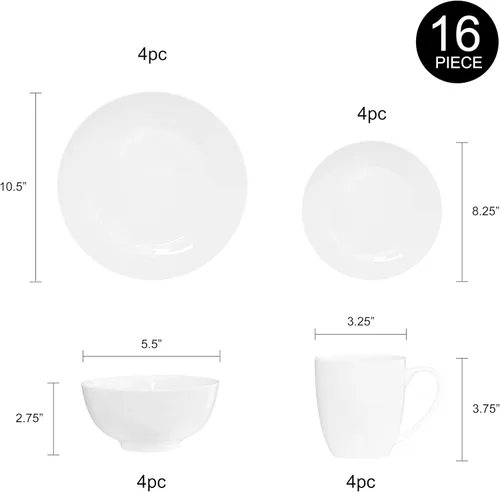 Miniatura 3 de Bone China - Juego de vajilla de 16 piezas, servicio para 4, blanco, apto para microondas, apto para lavavajillas, resistente a las astillas