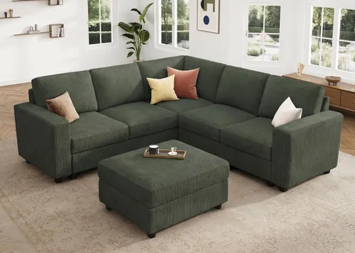 Miniatura 10 de HONBAY Sofá modular de pana con almacenamiento en forma de L para sala de estar, sofá seccional de 6 plazas, color beige