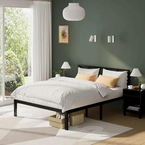 Miniatura 12 de Marco de cama de bambú tamaño completo con plataforma de madera sólida estable con listones antideslizantes, soporte para cama alta, no necesita