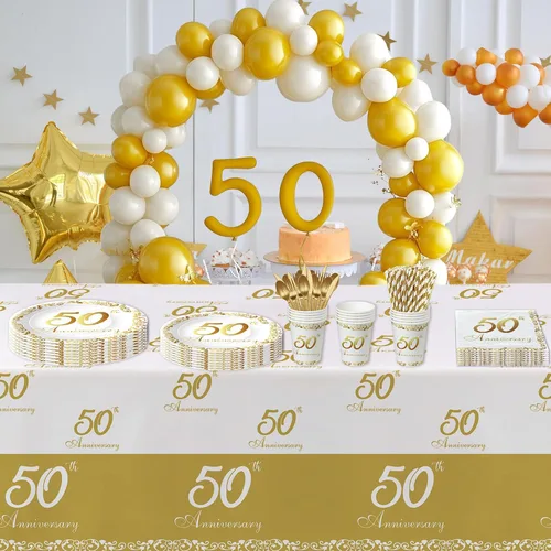 Miniatura 5 de APOWBLS Decoraciones y suministros para el 50 aniversario – Decoración dorada del 50 aniversario de boda, suministros para fiesta, plato de papel