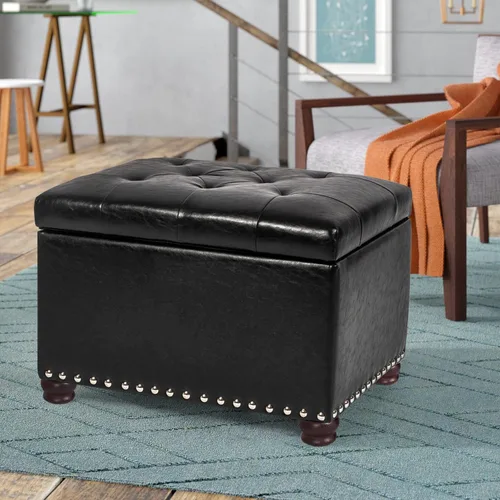 Miniatura 6 de Otomana de cuero con almacenamiento, 24 pulgadas, reposapiés otomanos con tapa con bisagras, taburetes tapizados rectangulares, con cabeza de clavo