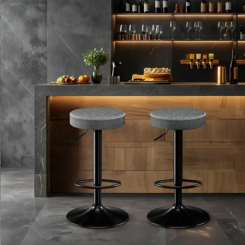 Miniatura 8 de STOOLINK Juego de 2 taburetes de bar ajustables sin respaldo de cocina con asiento redondo, taburetes de bar giratorios de 360° de altura de Gris