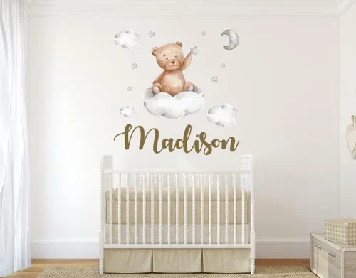 Miniatura 4 de Calcomanía de pared de oso de peluche con nombre personalizado, luna, estrellas, nubes, acuarela, decoración de habitación de bebé para niños
