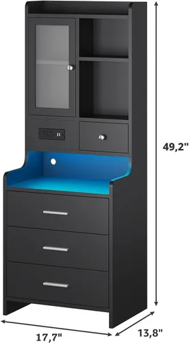 Miniatura 3 de ADORNEVE Mesita de noche alta con estación de carga y luces LED, mesita de noche de 49.2 pulgadas con estantería, mesita de noche negra con cajones