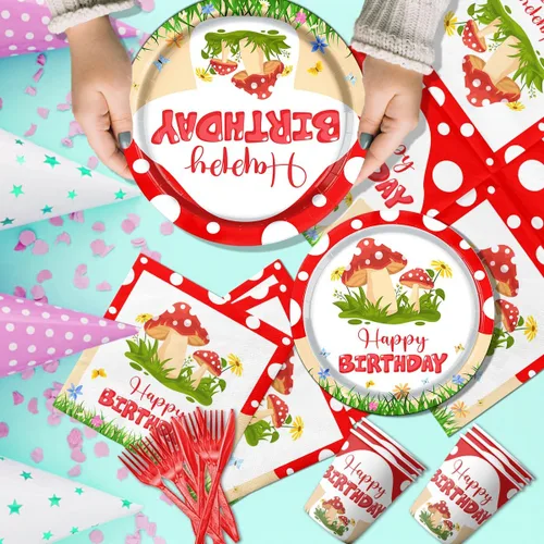 Miniatura 4 de Decoraciones de cumpleaños de hongos, 150 piezas de vajilla de fiesta temática de hongos, incluye platos, servilletas, mantel, espirales colgantes
