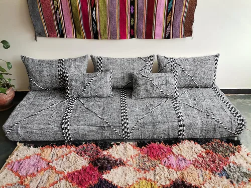 FoamRush Cojín marroquí de 6 x 28 x 84 pulgadas, color negro/blanco, con espuma viscoelástica de gel, sofá biplaza sin brazos, sofá de piso, sofá