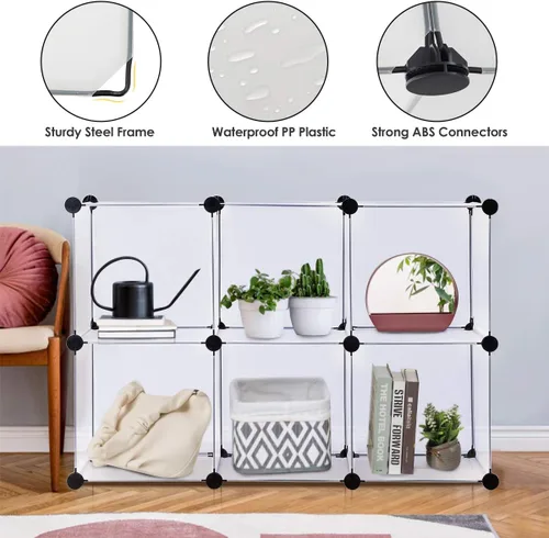 Miniatura 7 de Tangkula Organizador de almacenamiento de 6 cubos, gabinete de plástico PP con marco de acero inoxidable, sistema de almacenamiento modular portátil