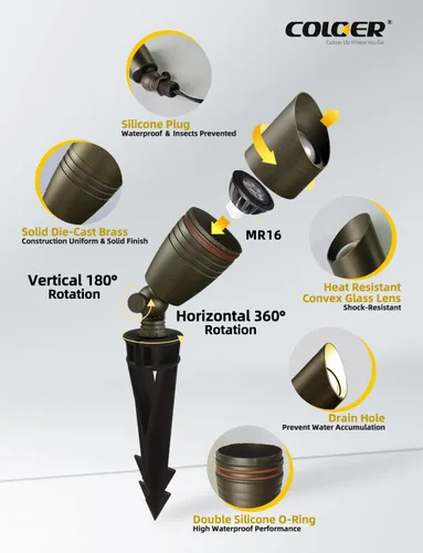 Miniatura 3 de COLOER Focos de paisaje de latón fundido a presión para exteriores con carcasa de aluminio de 5 W, bombilla LED MR16 de 2700 K, 450 lúmenes