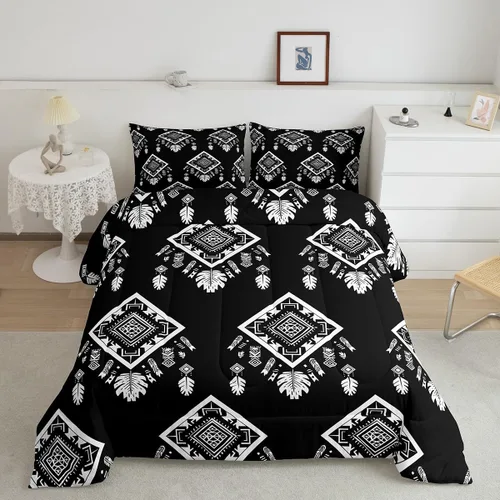 Miniatura 23 de Erosebridal - Juego de ropa de cama estilo tribal bohemio azteca, edredón con estampado étnico blanco y negro, bohemio, tamaño King, juego de Multi