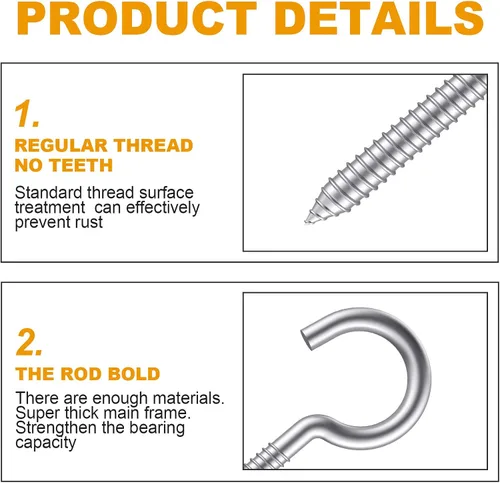 Miniatura 4 de Paquete de 6 ojos de tornillo de acero inoxidable 304 de 3.2 pulgadas, ganchos de rosca resistentes para soporte de hamaca, techo interior y exterior