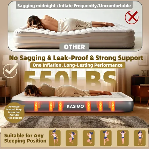 Miniatura 4 de KASIMO Colchón de aire tamaño individual con bomba extraíble de batería integrada, colchón inflable de TPU con almohada, fuerte apoyo toda la noche