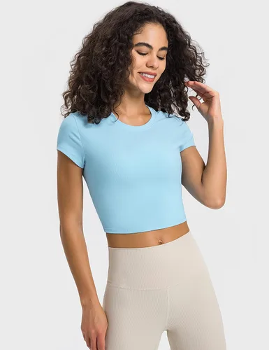 Miniatura 7 de ZHENWEI Camisetas de entrenamiento de manga corta para mujer, camisetas deportivas acanaladas con cuello redondo, camisetas atléticas para gimnasio
