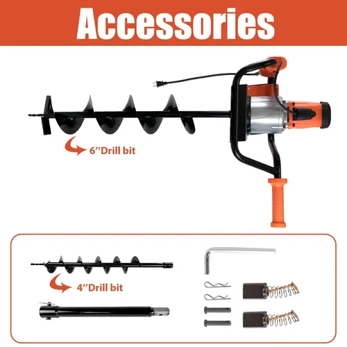 Miniatura 6 de Excavadora eléctrica de 1500 W, taladro de tierra de broca de 6 pulgadas y 4 pulgadas, ideal para excavación de agujeros de postes, perforación