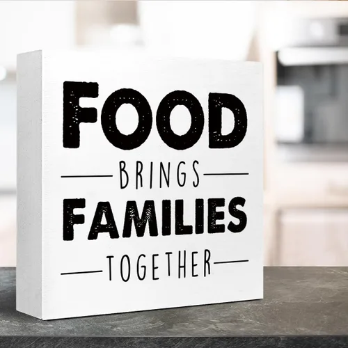 Miniatura 4 de LVQHI Letreros divertidos de caja de madera para cocina, letrero de bloque de madera con texto en inglés "Food Brings Families Together", decoración