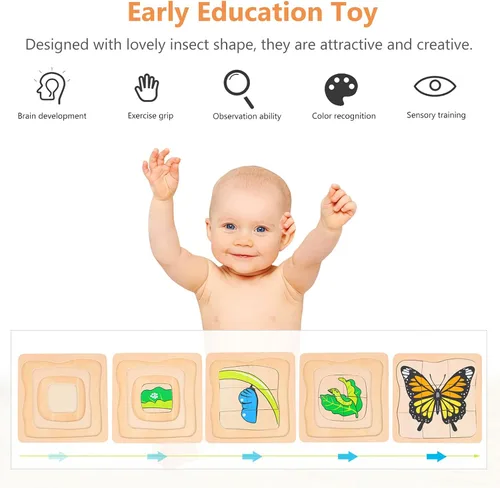 Miniatura 2 de jojofuny Tablero de rompecabezas de madera 3D de animales y plantas, juguete educativo multicapa para niños, rompecabezas portátil para entrenar