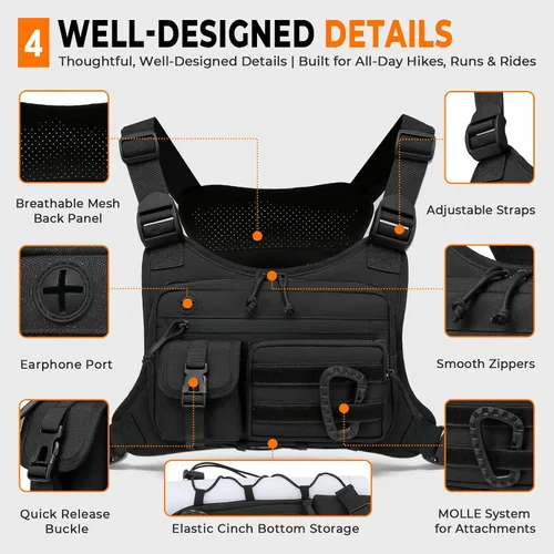 Miniatura 4 de Muserise - Bolso de pecho para exterior para hombres y mujeres, chaleco táctico para correr, ciclismo, paquete de pecho EDC para deportes y Negro